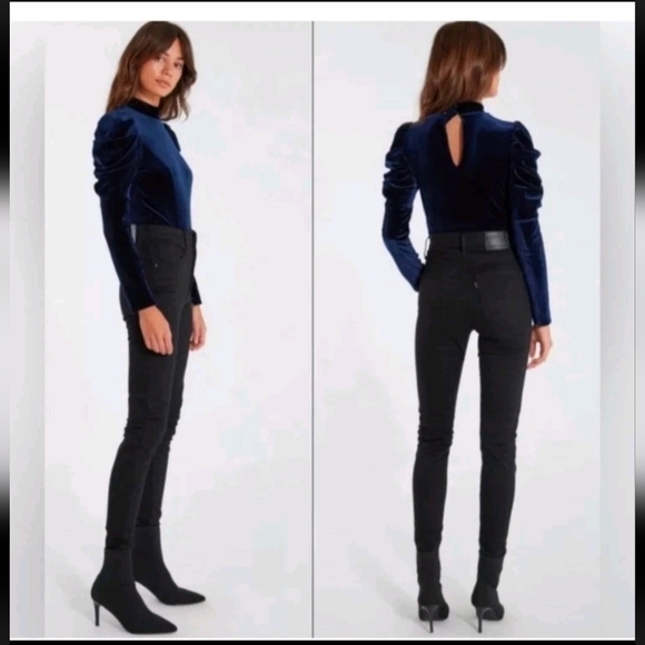 Misa Los Angeles Elegant Blue Velvet Fitted Ruched Bodysuit W/ Puffed Shoulders - Picture 4 of 11